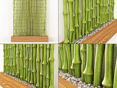 Green Bamboo Stems Arranged In Wooden Frame With Pebble Decoration On Background Wall 3d model