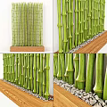 Green Bamboo Stems Arranged In Wooden Frame With Pebble Decoration On Background Wall