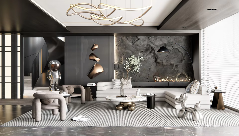 Modern Luxury Living Room Interior Design With Art Decor Chandelier Sofa And Marble Accents 3d model 