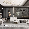 Modern Luxury Living Room Interior Design With Art Decor Chandelier Sofa And Marble Accents