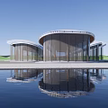 Modern Architectural Design With Curved Glass Walls Water Pool And Green Landscape