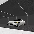 White Maserati Sports Car In Modern Garage With Gray Walls Strip Lights And Water Reflections