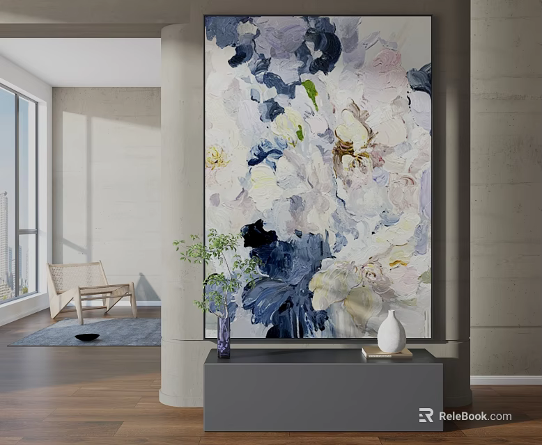 Modern Interior With Large Floral Painting And Decor 3d model