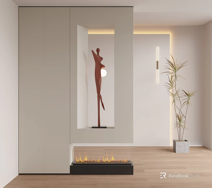 Elegant Modern Entryway Hallway Interior With Sculpture Wall Lighting And Potted Plant 3d model 