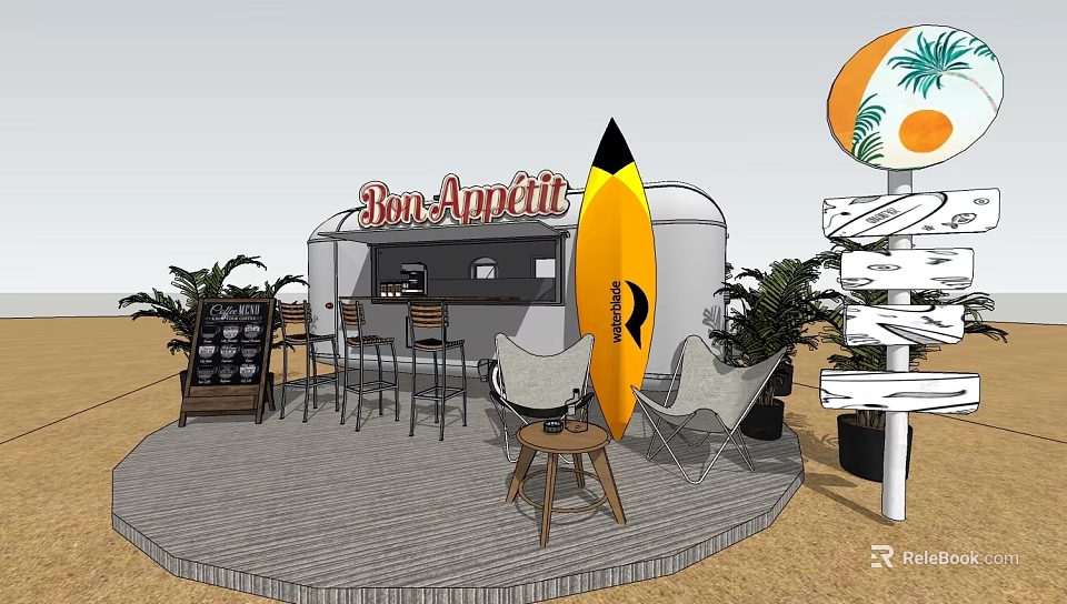 Outdoor Milk Tea Shop With Surfboard Decor Palm Trees And Outdoor Seating Area 3d model 