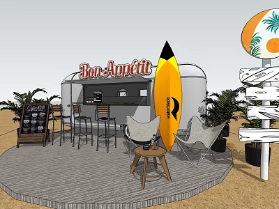Outdoor Milk Tea Shop With Surfboard Decor Palm Trees And Outdoor Seating Area 3d model
