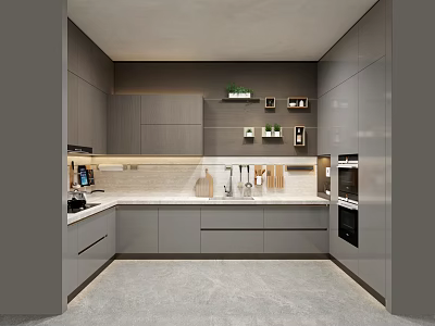 Modern Kitchen Interior With Gray Cabinets White Countertop Appliances Shelves And Green Plants 3d model