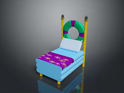 Blue Bed With Yellow Posts Green Purple Lifebuoy Decoration White Mattress And Purple Bedspread 3d model
