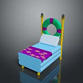 Blue Bed With Yellow Posts Green Purple Lifebuoy Decoration White Mattress And Purple Bedspread