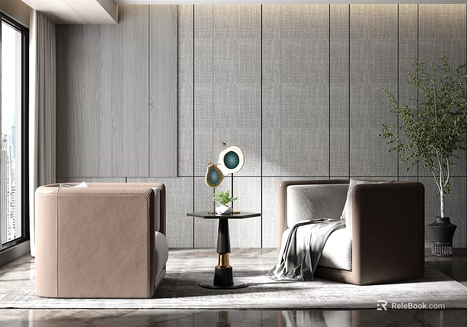 Modern Casual Sofa Set With Two Armchairs Side Table Decor And Gray Textured Wall 3d model