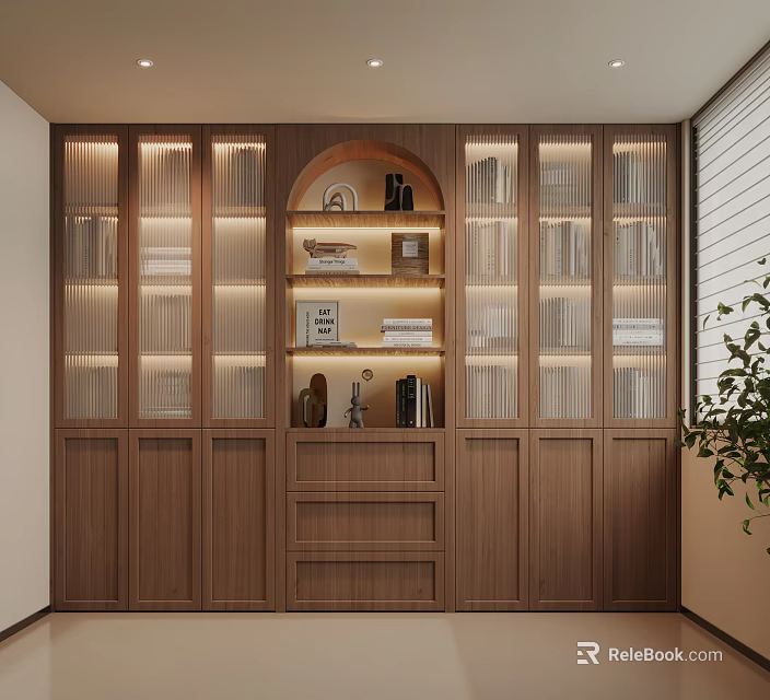 Full Wall Wooden Bookcase With Fluted Glass Doors And Arched Shelves Built In Warm Lights 3d model 