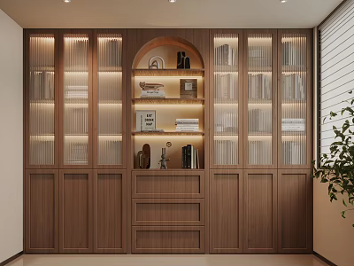 Full Wall Wooden Bookcase With Fluted Glass Doors And Arched Shelves Built In Warm Lights 3d model