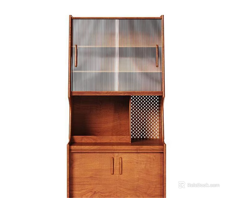 Wooden Storage Cabinet with Lattice Upper Doors Open Middle Compartment and Mesh Panel Design 3d model 