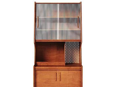 Wooden Storage Cabinet with Lattice Upper Doors Open Middle Compartment and Mesh Panel Design 3d model