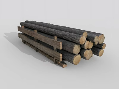 Natural Wooden Logs Stacked On Rustic Wooden Rack For Storage And 3d model