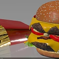 Delicious Cheeseburger With Bacon Lettuce Tomato And Golden French Fries In Red Packaging