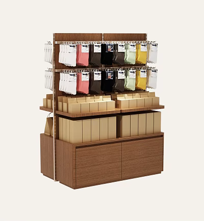 Retail Store Display With Wooden Shelving Hanging Colorful Items And Stacked Cardboard Boxes 3d model