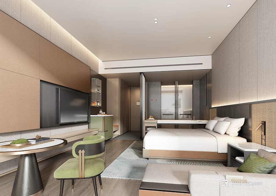 Modern Hotel Room Interior Design With Comfortable Bed TV Table And Sofa 3d model 