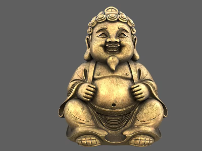 Seated Brass Maitreya Buddha Sculpture Featuring Smiling Face Ornate Head And Detailed Hands 3d model