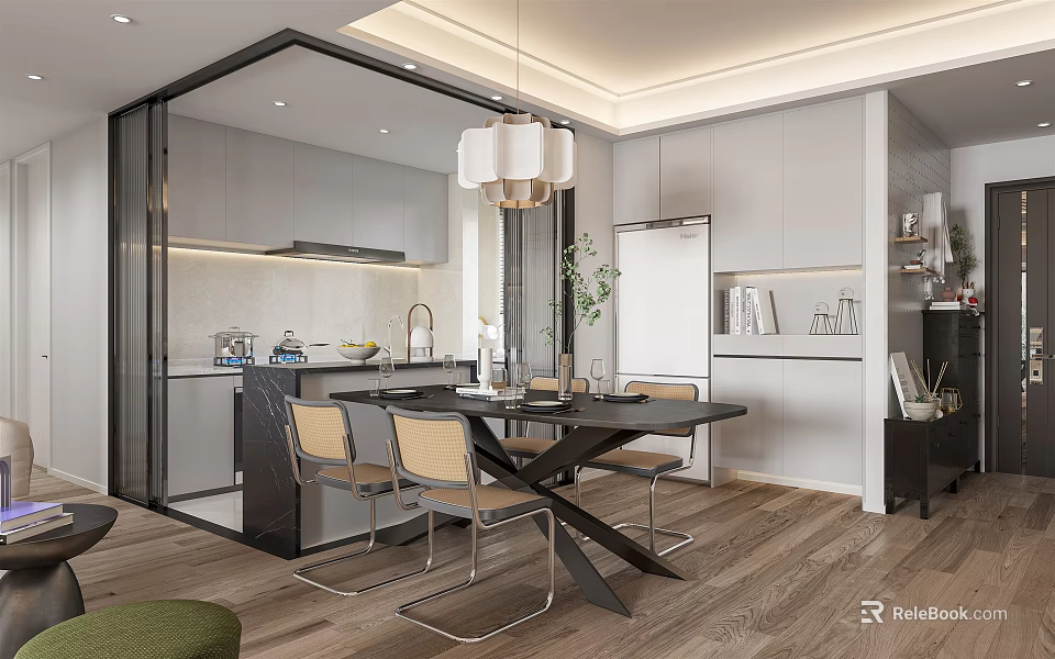 Modern Dining and Living Area Interior with Open Concept Table Chairs Pendant Light and Cabinets 3d model 