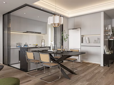 Modern Dining and Living Area Interior with Open Concept Table Chairs Pendant Light and Cabinets 3d model