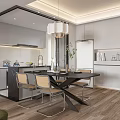 Modern Dining and Living Area Interior with Open Concept Table Chairs Pendant Light and Cabinets