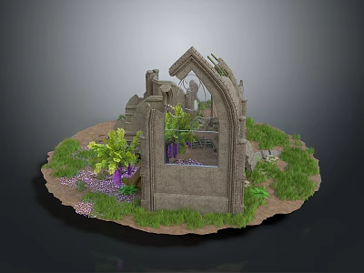 Ancient Ruin Structure With Arched Doorway Stone Walls Green Plants And Purple Flowers 3d model