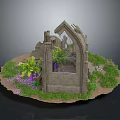 Ancient Ruin Structure With Arched Doorway Stone Walls Green Plants And Purple Flowers