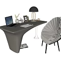 Modern Stylish Desk Design With Laptop Table Lamp Photo Frame And Sculptural Chair