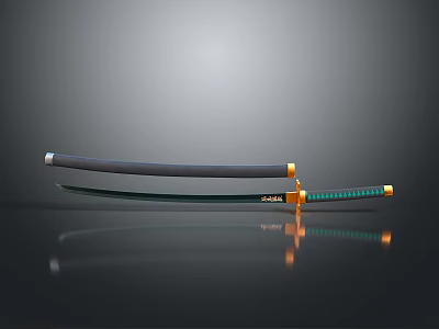 Traditional Japanese Samurai Sword With Black Scabbard And Green Accents 3d model