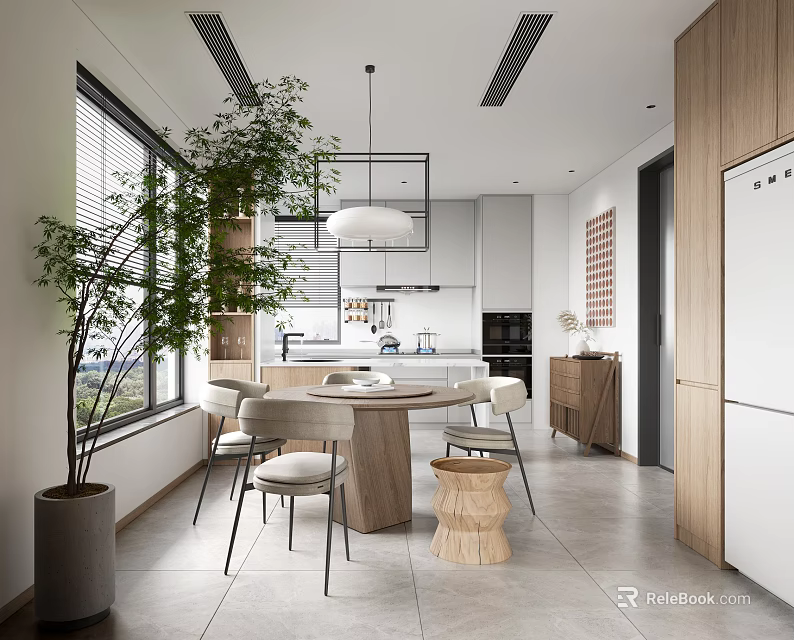 Modern Open Restaurant Interior With Wooden Dining Table Chairs Plants And Pendant Light 3d model 