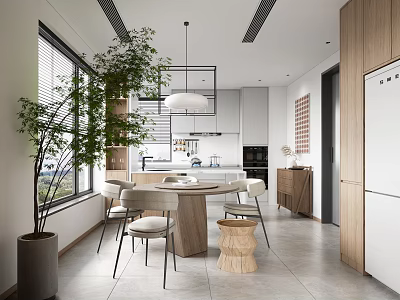Modern Open Restaurant Interior With Wooden Dining Table Chairs Plants And Pendant Light 3d model