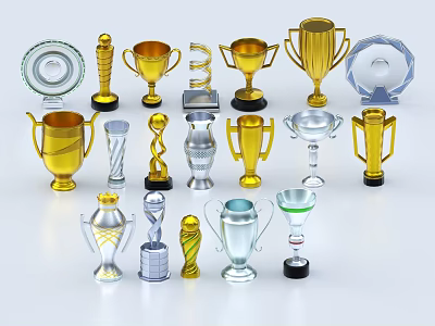 Various Gold Silver Trophies And Medals With Different Designs And Styles 3d model