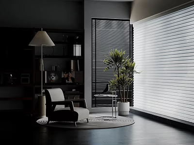 Stylish Accent Chair In Dark Interior With Floor Lamp Potted Plant Round Rug And Blinds 3d model