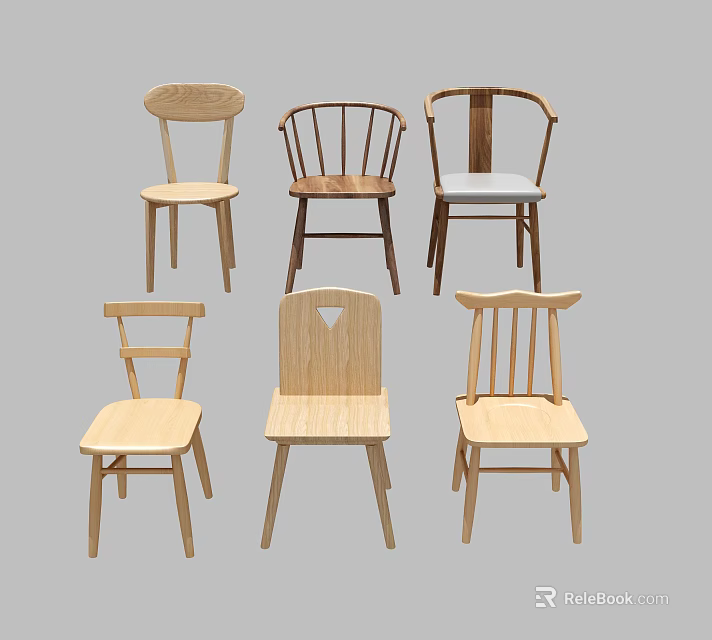 Various Wooden Chairs With Different Backrest And Seat Designs In Light And Dark Wood Tones 3d model 