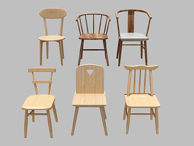 Various Wooden Chairs With Different Backrest And Seat Designs In Light And Dark Wood Tones 3d model