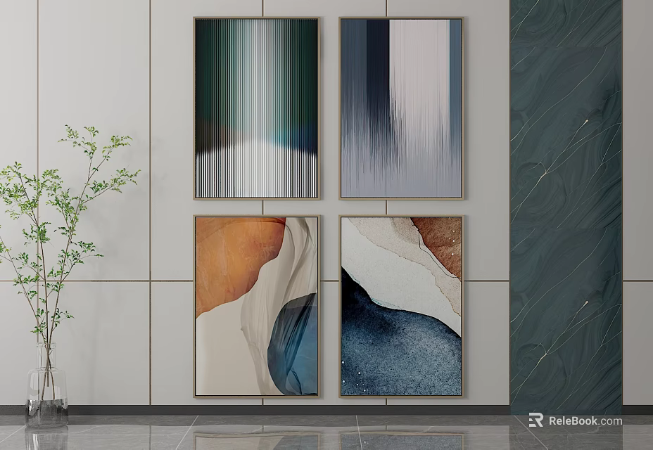 Four Abstract Paintings With Colorful Textures And Green Plant In Modern Interior 3d model 