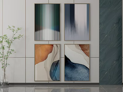 Four Abstract Paintings With Colorful Textures And Green Plant In Modern Interior 3d model