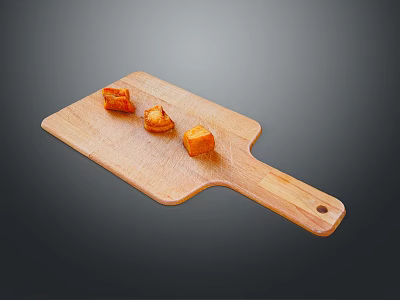 Three Orange Food Chunks Arranged On Wooden Cutting Board Surface 3d model