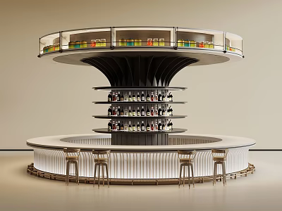 Modern Circular Bar Counter With Upper Colorful Bottle Shelf And Multi Tiered Wine Racks 3d model