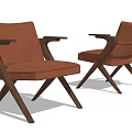 Two Modern Brown Leather Leisure Chairs With Wooden Frame And Armrests