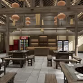 Traditional Chinese Hotpot Restaurant Interior With Wooden Structure Hanging Lanterns Wooden Benches And Hotpot Tables
