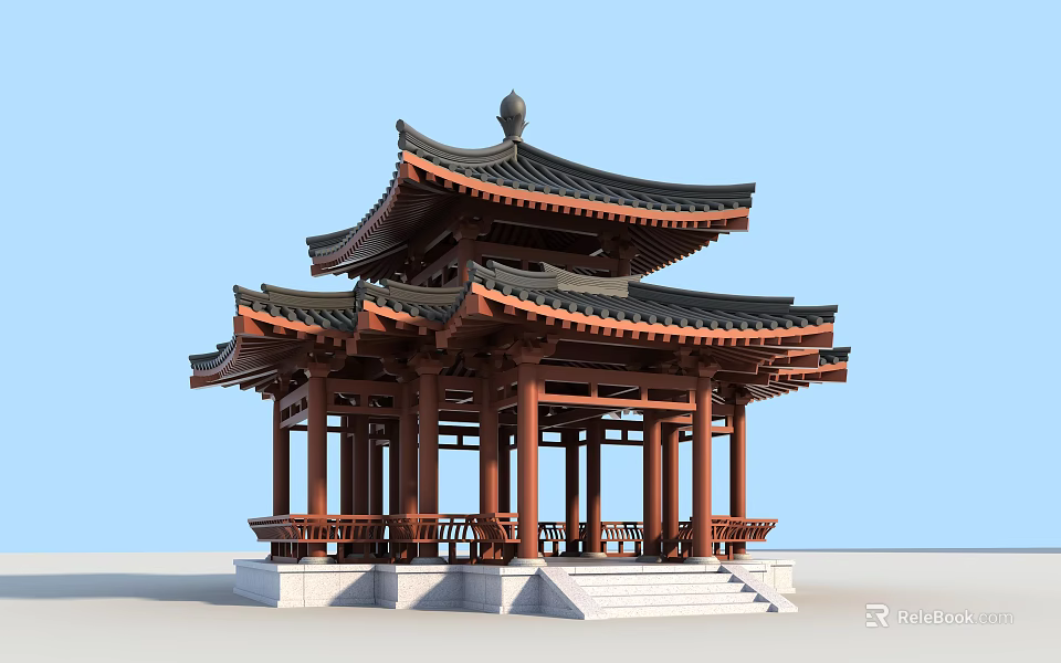 Traditional Chinese Pavilion With Multi Layered Eaves Wooden Structure Stone Steps And Tile Roof 3d model 
