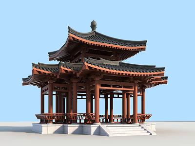 Traditional Chinese Pavilion With Multi Layered Eaves Wooden Structure Stone Steps And Tile Roof 3d model