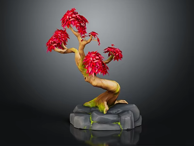 Decorative Bonsai Plant With Red Leaves Curved Trunk And Stone Base 3d model