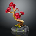 Decorative Bonsai Plant With Red Leaves Curved Trunk And Stone Base