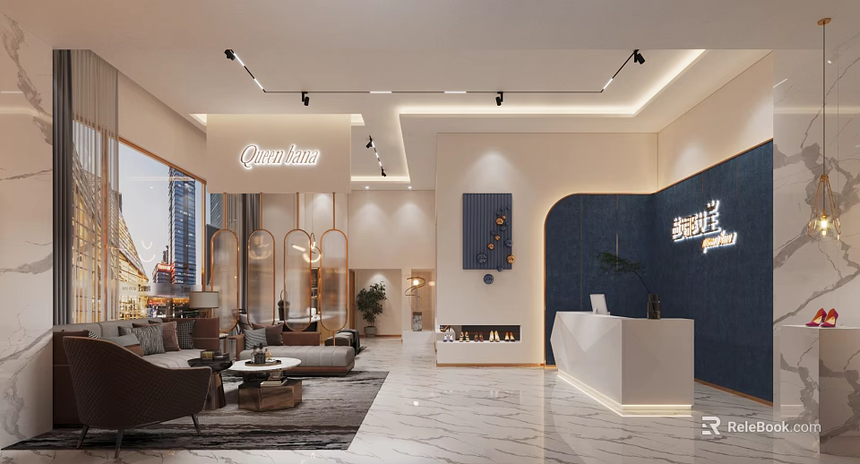 Modern Beauty and Hair Salon Interior With Reception Desk Comfortable Sofas And Decorative Lighting 3d model 