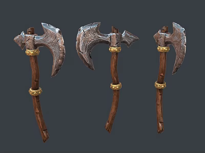 Three Medieval Battle Axes With Wooden Handles And Golden Decorative Rings 3d model