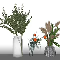 Decorative Transparent Geometric Textured Vases With Eucalyptus Orange Berries And Pampas Grass