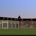 Traditional Commercial Street With Brown Sloped Roofs And Green Lawn Surroundings
